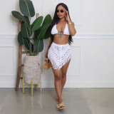BH1477 Women's Fashion  Handmade Crochet Hollow Tassel Tube Top Sexy Short Skirt Waist Solid Two Piece Set
