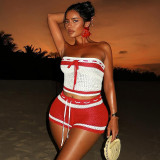 BR5507 Women's Casual Summer Two-Piece Suit Woolen Rope Strap Tube Top with Contrasting Stripes Shorts