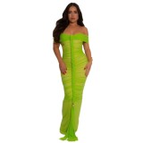 2025 New Design Summer Women Bodycon Dress Off Shoulder Mesh Ruffles Maxi Dress Sexy Elegant Women Dresses