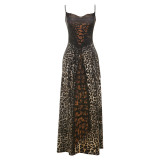 BR5501 Casual Dress New Fashion Stylish Street Trendy Leopard Print Lace-Up Empire Waist Front Logo