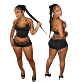 BR5491 Sexy Tie Short Top with Ultra Short Leopard Print Patchwork Milk Silk Two-Piece Set for Summer