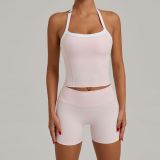 Custom Logo Exercise Shorts 2 Piece Yoga Set Halter Neck Sport Bra High Waist Shorts  Fitness Gym Yoga Sets for Women