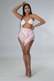 BH1477 Women's Fashion  Handmade Crochet Hollow Tassel Tube Top Sexy Short Skirt Waist Solid Two Piece Set