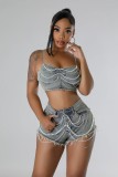 BR4910 Women Pearl Diamond Chain Denim Camisole Shorts Two-Piece Set