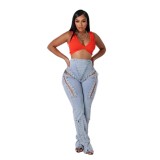 BR5472 Hot Style European American Sexy High-Waisted Ripped Elastic Eyelet Straps Women's Jeans