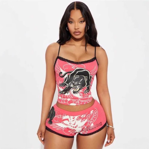 X21857C 2025 Summer Hot Sale Women Print Shorts 2 Pieces Sets