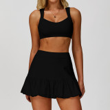 Wholesale Custom logo Quick Dry Women Sports Outfit Wear Two Piece Solid Color Workout Fitness Yoga Sets Tennis Skirt