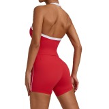 Custom Logo Exercise Shorts 2 Piece Yoga Set Halter Neck Sport Bra High Waist Shorts  Fitness Gym Yoga Sets for Women