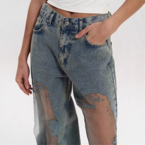 BR5474 Jeans Loose Wide Leg Straight Pants with Hollow Texture Niche Design Casual Denim for Summer Winter