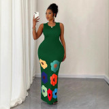 BR5470 Summer New Fashion A-Swing Dress Casual Floor-Length Cut Printed Sleeveless Neck Dress Woven Method