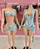 X21947C Striped Patchwork Swimsuit 3 Piece Set Women Strapless Crop Tops+briefs+ruched Knot Splits Bottoms Beach Bikini Suit