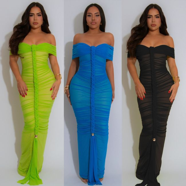2025 New Design Summer Women Bodycon Dress Off Shoulder Mesh Ruffles Maxi Dress Sexy Elegant Women Dresses