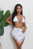 BH1477 Women's Fashion  Handmade Crochet Hollow Tassel Tube Top Sexy Short Skirt Waist Solid Two Piece Set