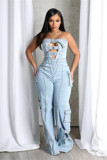 BR5505 Women's High Denim Jumpsuit Strapless Multi-Pocket Cargo Pants Pattern