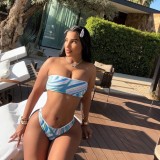 X21947C Striped Patchwork Swimsuit 3 Piece Set Women Strapless Crop Tops+briefs+ruched Knot Splits Bottoms Beach Bikini Suit