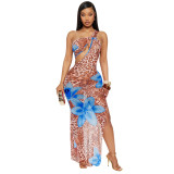 2025 New Arrivals Summer One Shoulder Women Bodycon Dress Leopard Print Slit Sexy Ladies Maxi Dress Women Casual Dresses