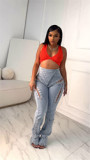 BR5472 Hot Style European American Sexy High-Waisted Ripped Elastic Eyelet Straps Women's Jeans