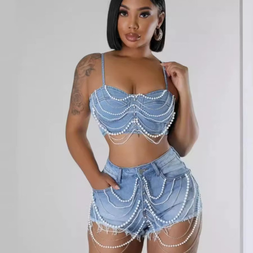 BR4910 Women Pearl Diamond Chain Denim Camisole Shorts Two-Piece Set