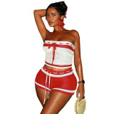 BR5507 Women's Casual Summer Two-Piece Suit Woolen Rope Strap Tube Top with Contrasting Stripes Shorts