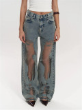 BR5474 Jeans Loose Wide Leg Straight Pants with Hollow Texture Niche Design Casual Denim for Summer Winter