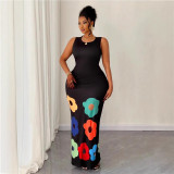 BR5470 Summer New Fashion A-Swing Dress Casual Floor-Length Cut Printed Sleeveless Neck Dress Woven Method