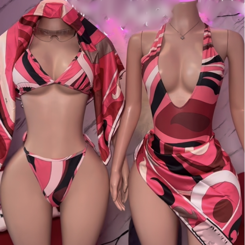 X21849C Hot Sale Print Swimming Sets Women Sexy Lingerie Uniform Tops with Skirt +thong Three Piece Set
