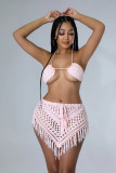 BH1477 Women's Fashion  Handmade Crochet Hollow Tassel Tube Top Sexy Short Skirt Waist Solid Two Piece Set
