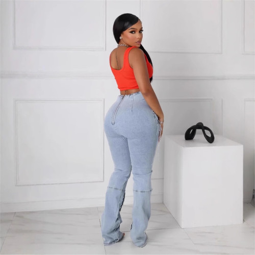 BR5472 Hot Style European American Sexy High-Waisted Ripped Elastic Eyelet Straps Women's Jeans