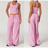Custom Logo Beauty Back Tank Top Wide Straight Leg Pants Sets Women Activewear Gym Two Piece Fitness Yoga Set