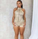 BH1474  Summer Casual Crop Top Stretchy Solid Bow Zipper Sleeveless Denim Two Piece  Shorts Set