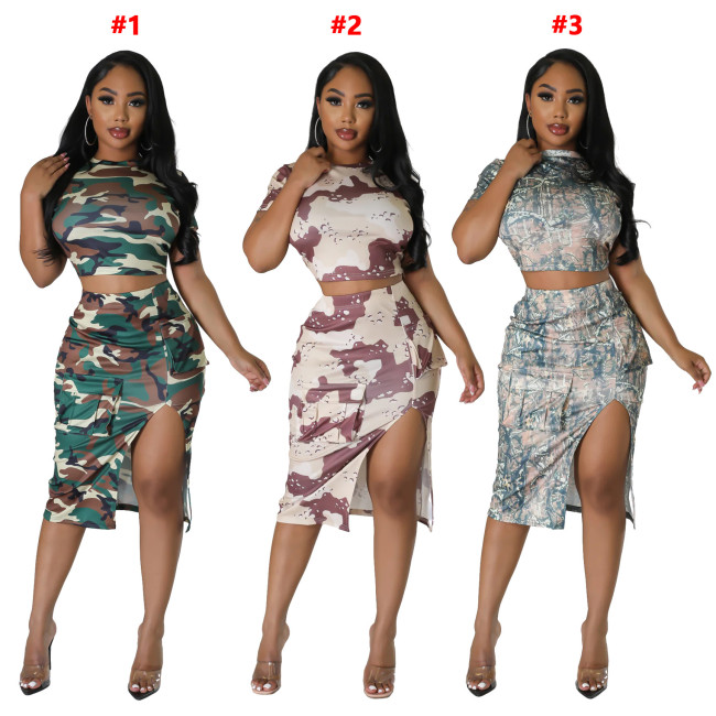 BR5480 Women's Summer Fashion Set Casual Pattern Print Skirt Split Short Sleeve Dress Above Knee Length