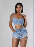 BR4910 Women Pearl Diamond Chain Denim Camisole Shorts Two-Piece Set