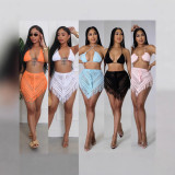 BH1477 Women's Fashion  Handmade Crochet Hollow Tassel Tube Top Sexy Short Skirt Waist Solid Two Piece Set