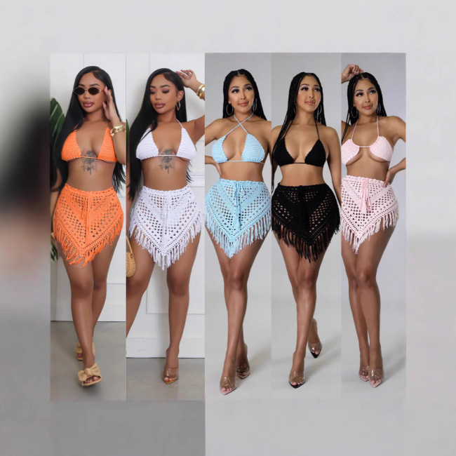 BH1477 Women's Fashion  Handmade Crochet Hollow Tassel Tube Top Sexy Short Skirt Waist Solid Two Piece Set