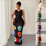BR5470 Summer New Fashion A-Swing Dress Casual Floor-Length Cut Printed Sleeveless Neck Dress Woven Method