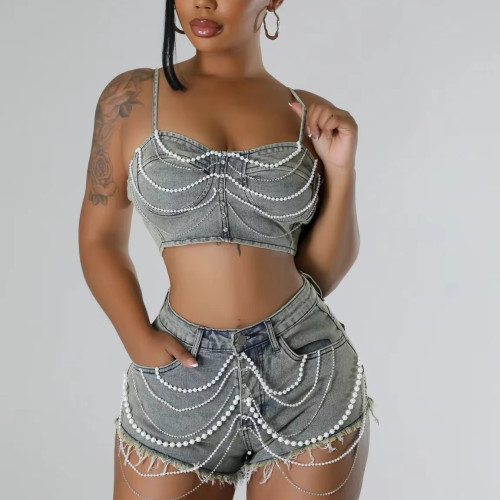 BR4910 Women Pearl Diamond Chain Denim Camisole Shorts Two-Piece Set