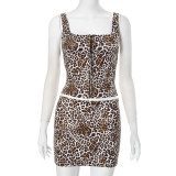 Wholesale New Arrivals Fashion Sleeveless Leopard Print Two Piece Mini Skirt Set