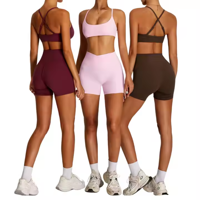 Custom Logo Running Beautiful Cross Back Sports Bra High Waist Yoga Shorts Leggings Fitness Outdoor Yoga Sets for Women