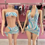 X21947C Striped Patchwork Swimsuit 3 Piece Set Women Strapless Crop Tops+briefs+ruched Knot Splits Bottoms Beach Bikini Suit