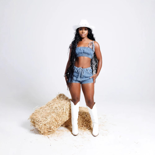 BR5478 Fashion Cross-Border Sexy Tube Top Casual Slim Stretch Denim Summer Two-Piece Shorts Set