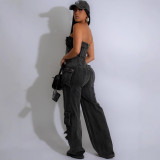 BR5505 Women's High Denim Jumpsuit Strapless Multi-Pocket Cargo Pants Pattern