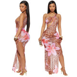 2025 New Arrivals Summer One Shoulder Women Bodycon Dress Leopard Print Slit Sexy Ladies Maxi Dress Women Casual Dresses