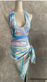 X21947C Striped Patchwork Swimsuit 3 Piece Set Women Strapless Crop Tops+briefs+ruched Knot Splits Bottoms Beach Bikini Suit