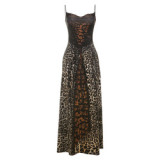 BR5501 Casual Dress New Fashion Stylish Street Trendy Leopard Print Lace-Up Empire Waist Front Logo