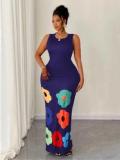 BR5470 Summer New Fashion A-Swing Dress Casual Floor-Length Cut Printed Sleeveless Neck Dress Woven Method