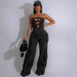 BR5505 Women's High Denim Jumpsuit Strapless Multi-Pocket Cargo Pants Pattern