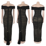 2025 New Design Summer Women Bodycon Dress Off Shoulder Mesh Ruffles Maxi Dress Sexy Elegant Women Dresses