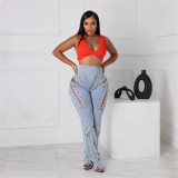 BR5472 Hot Style European American Sexy High-Waisted Ripped Elastic Eyelet Straps Women's Jeans