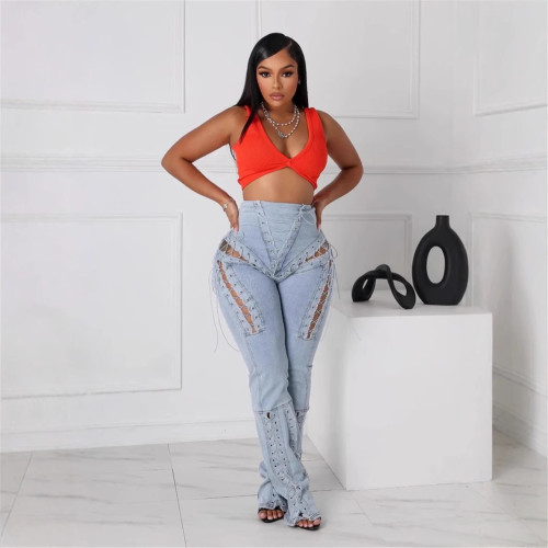 BR5472 Hot Style European American Sexy High-Waisted Ripped Elastic Eyelet Straps Women's Jeans