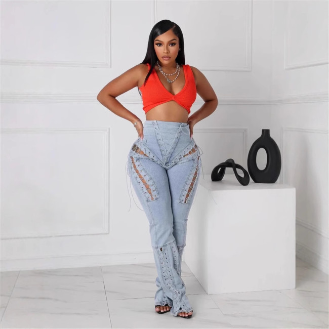 BR5472 Hot Style European American Sexy High-Waisted Ripped Elastic Eyelet Straps Women's Jeans